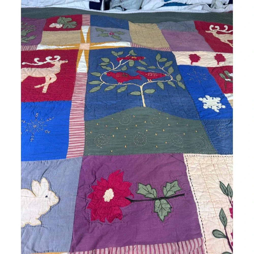 VTG Folk‎ Art Quilt Queen Hand Appliqué Woodland Christmas Patchwork Farmhouse
